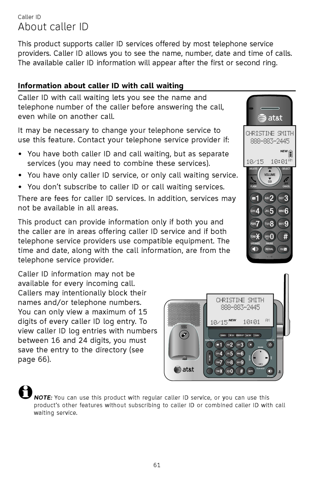 AT&T ATTCL83201 user manual About caller ID, Information about caller ID with call waiting 