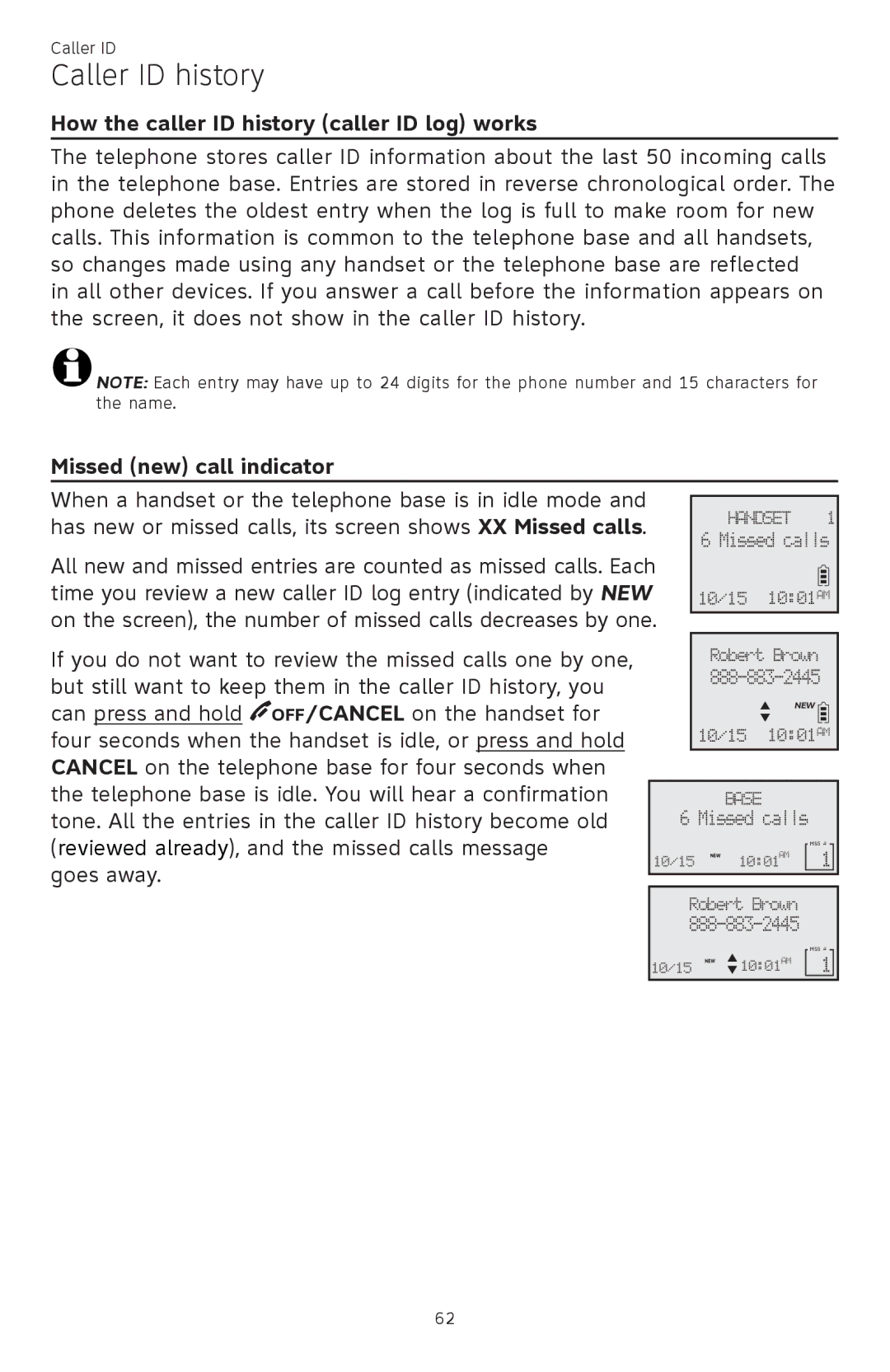 AT&T ATTCL83201 user manual Caller ID history, How the caller ID history caller ID log works, Missed new call indicator 