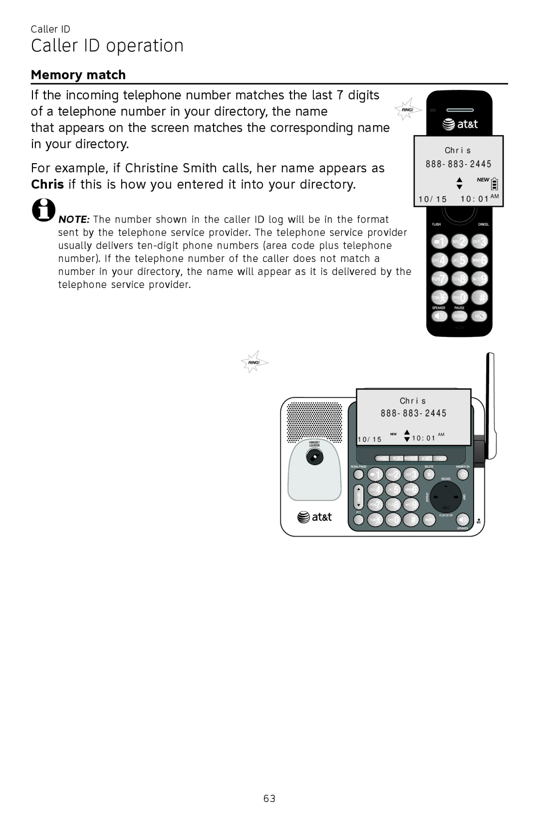 AT&T ATTCL83201 user manual Caller ID operation, Memory match 