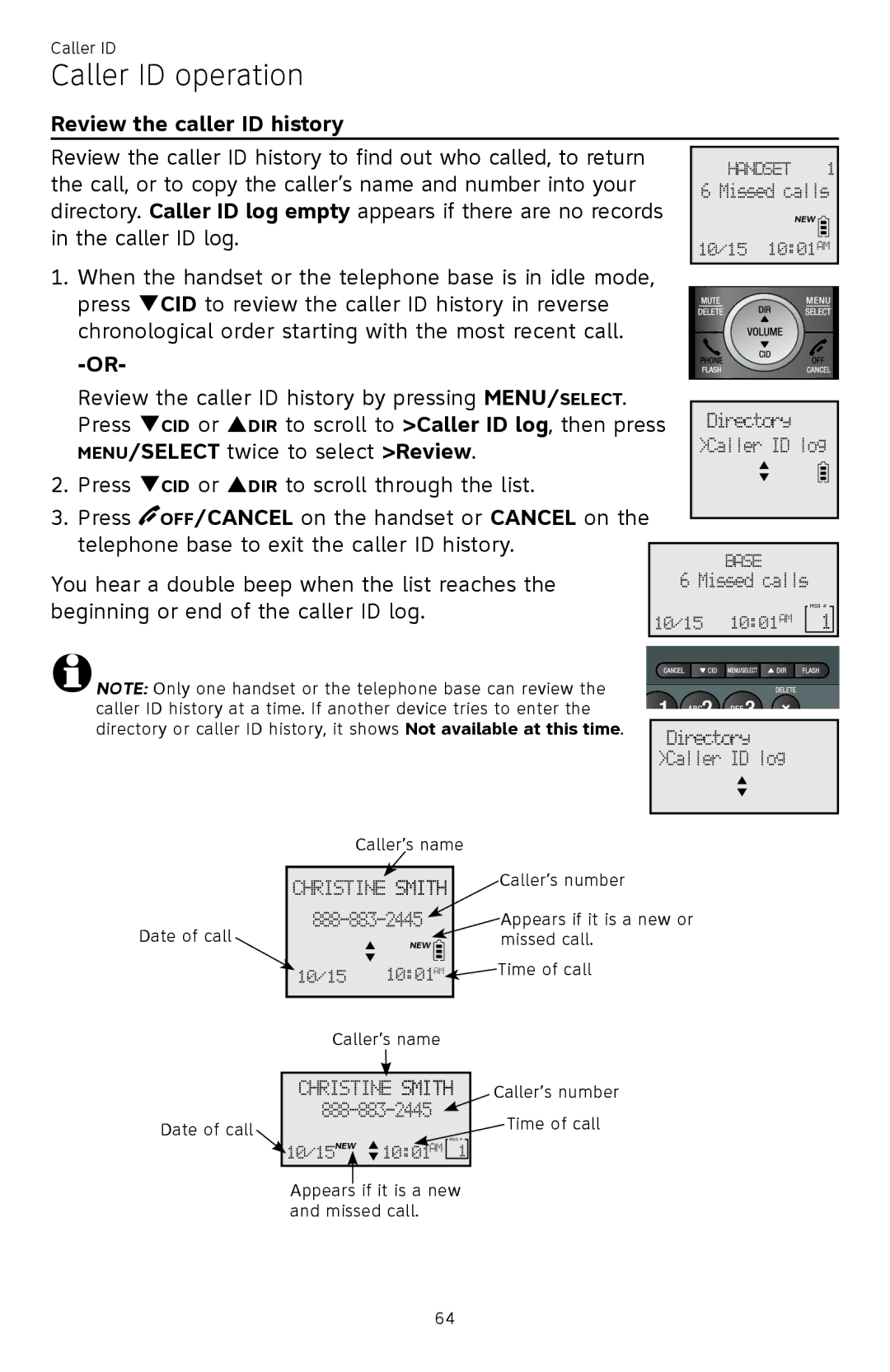 AT&T ATTCL83201 user manual Review the caller ID history, Beginning or end of the caller ID log 