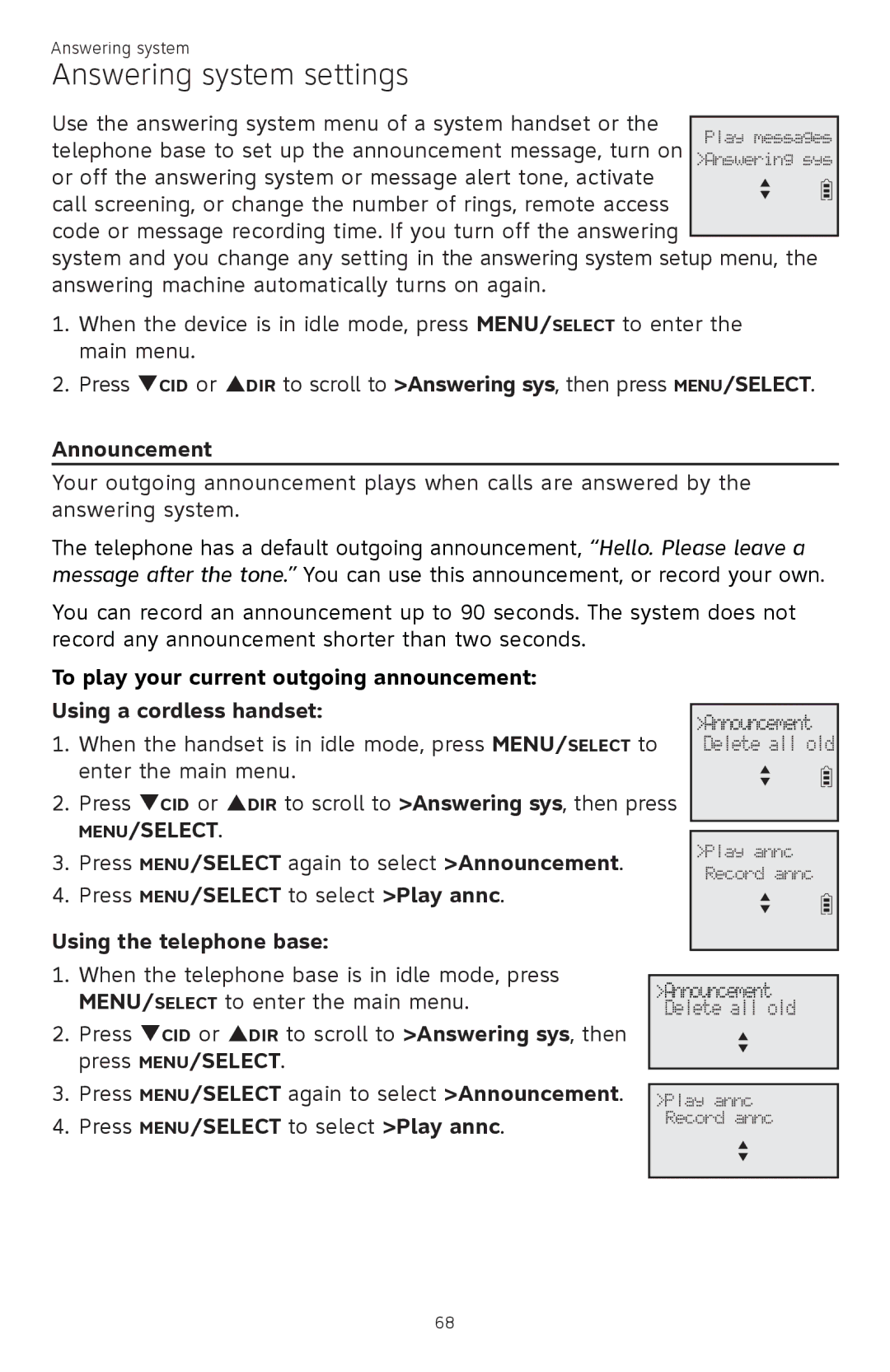 AT&T ATTCL83201 user manual Answering system settings, Announcement, Press MENU/SELECT to select Play annc 