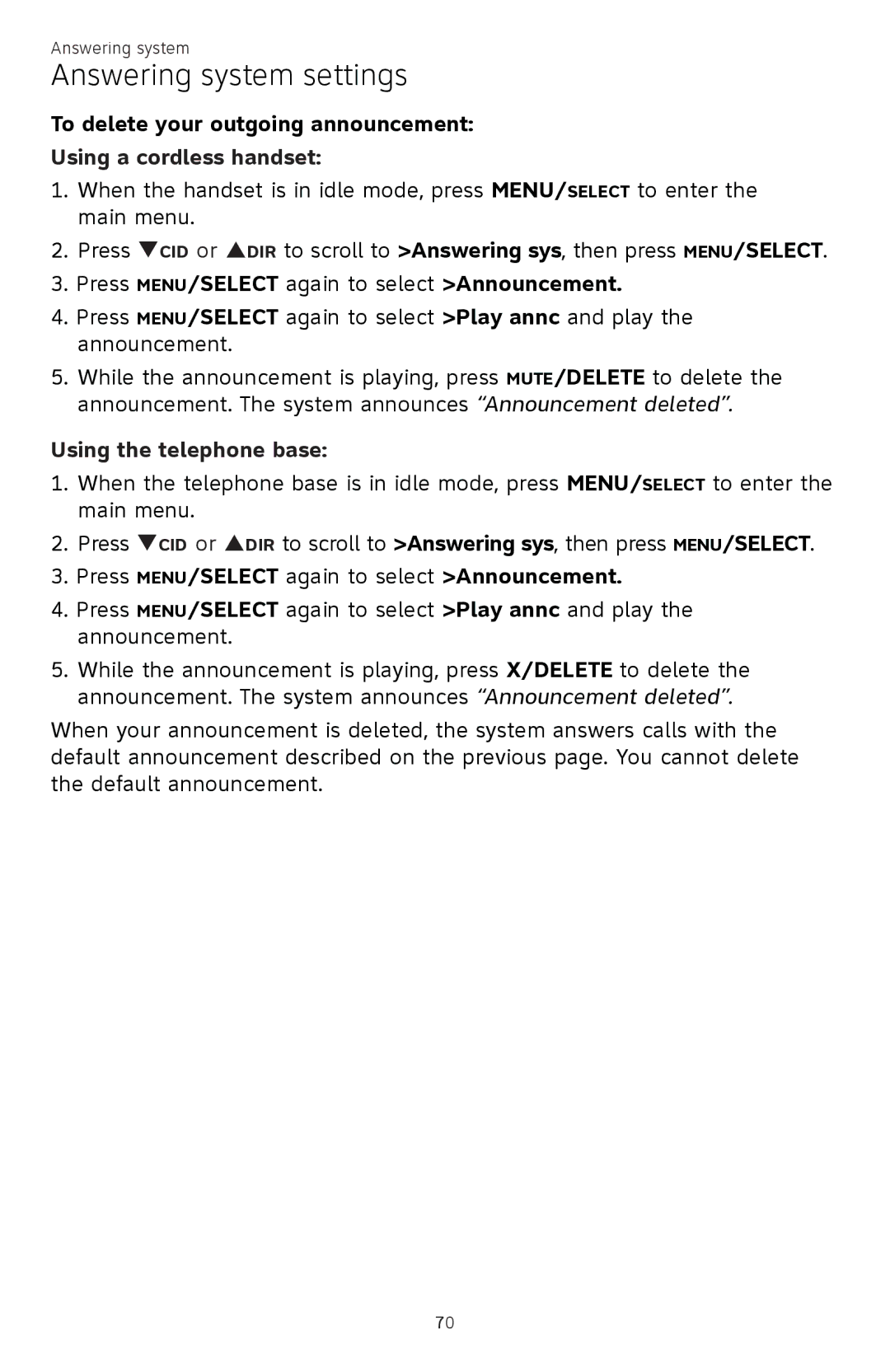 AT&T ATTCL83201 user manual Answering system settings 