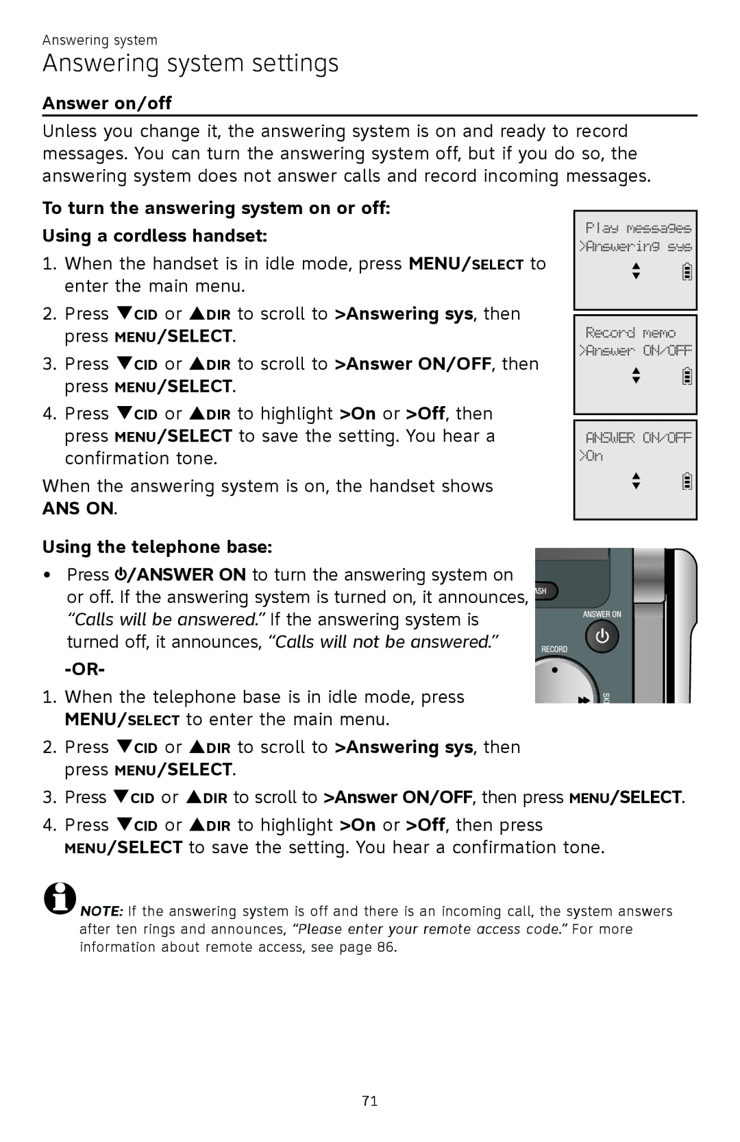 AT&T ATTCL83201 user manual Answer on/off, ANS on 