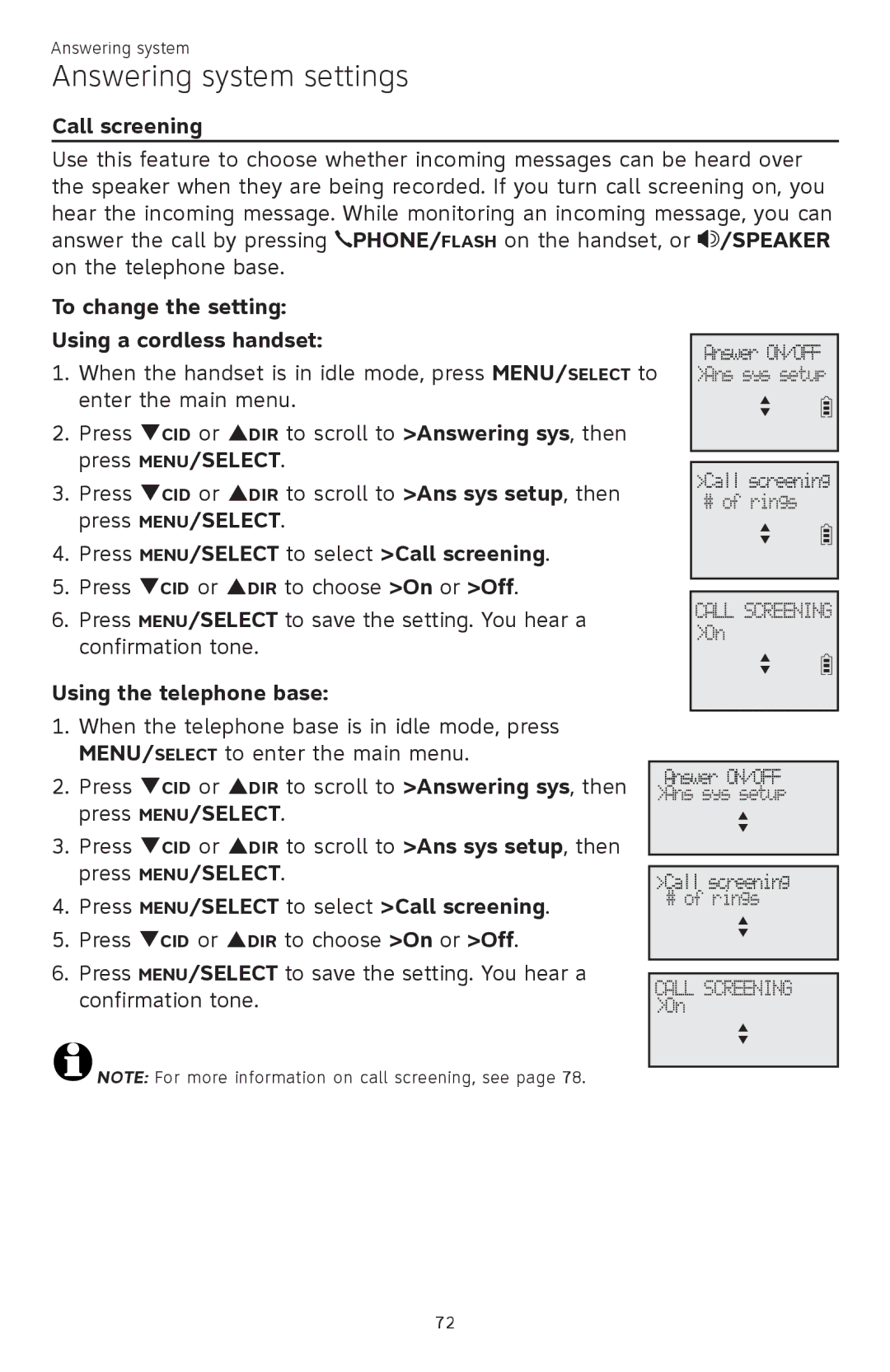 AT&T ATTCL83201 user manual To change the setting Using a cordless handset, Press MENU/SELECT to select Call screening 