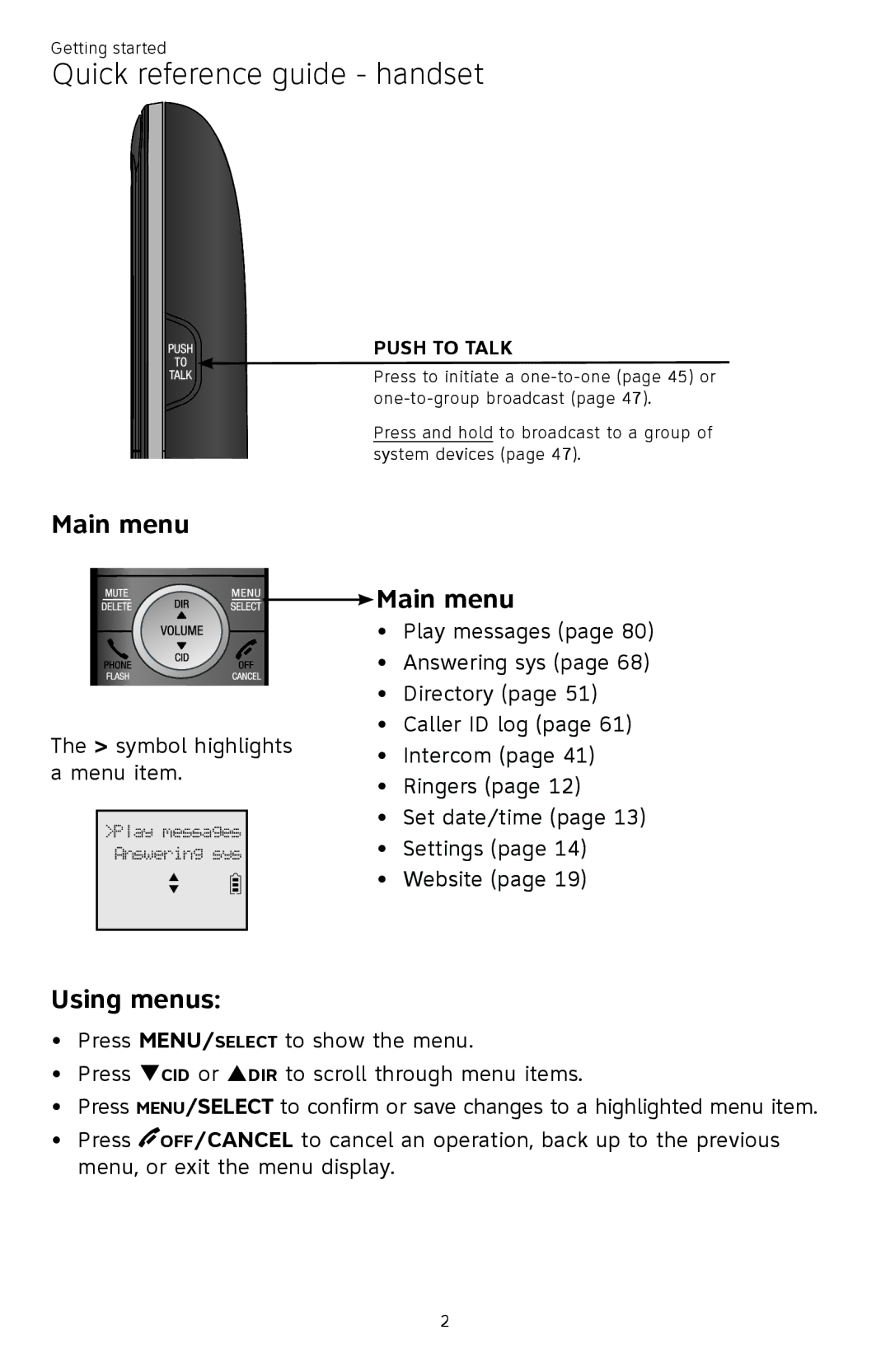 AT&T ATTCL83201 user manual Main menu 