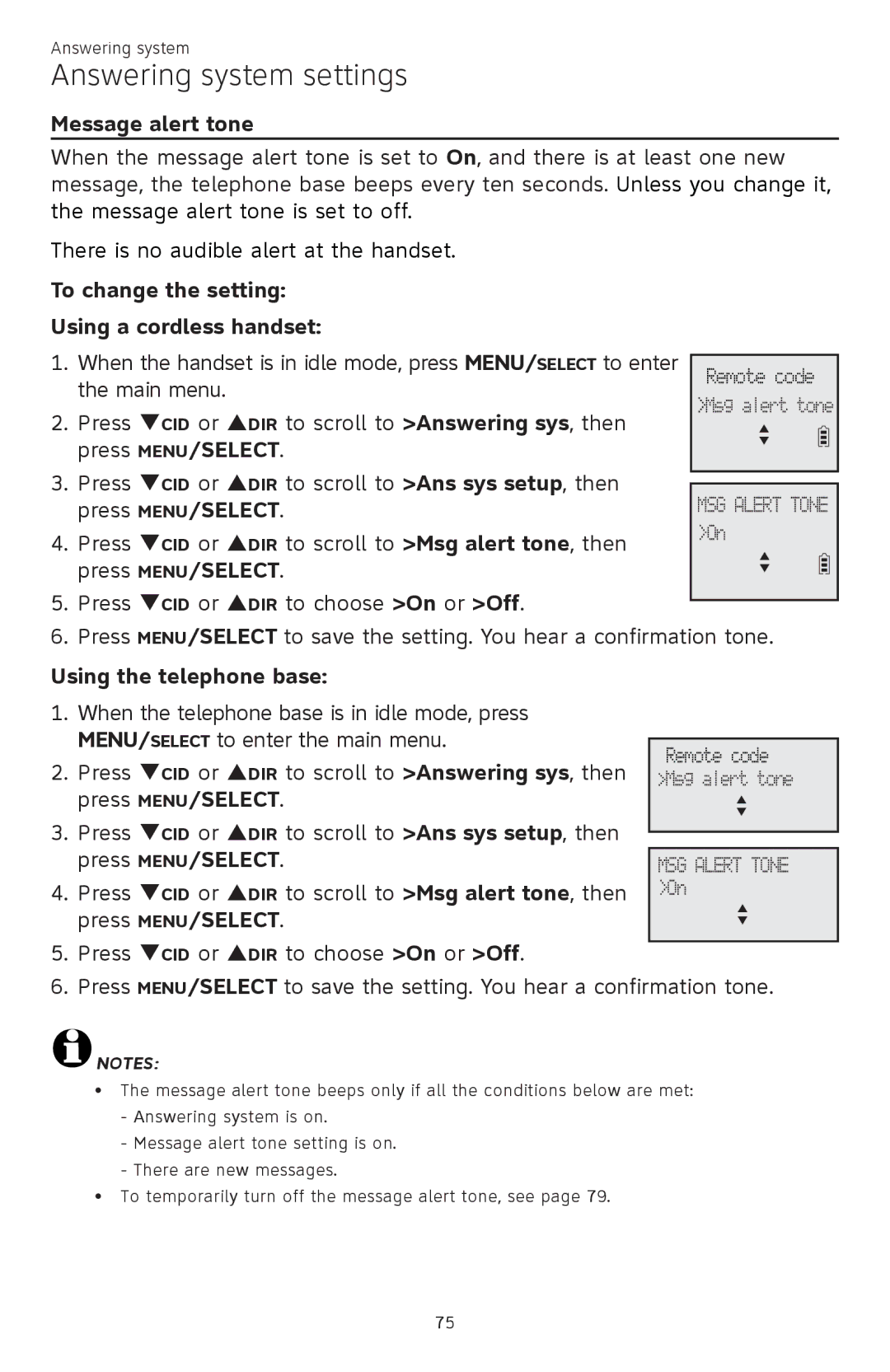 AT&T ATTCL83201 user manual Message alert tone, To change the setting Using a cordless handset 