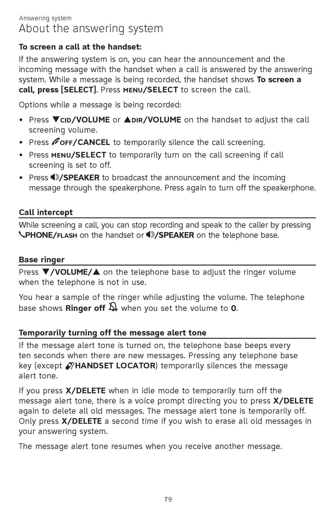 AT&T ATTCL83201 user manual To screen a call at the handset, Call intercept, Base ringer 