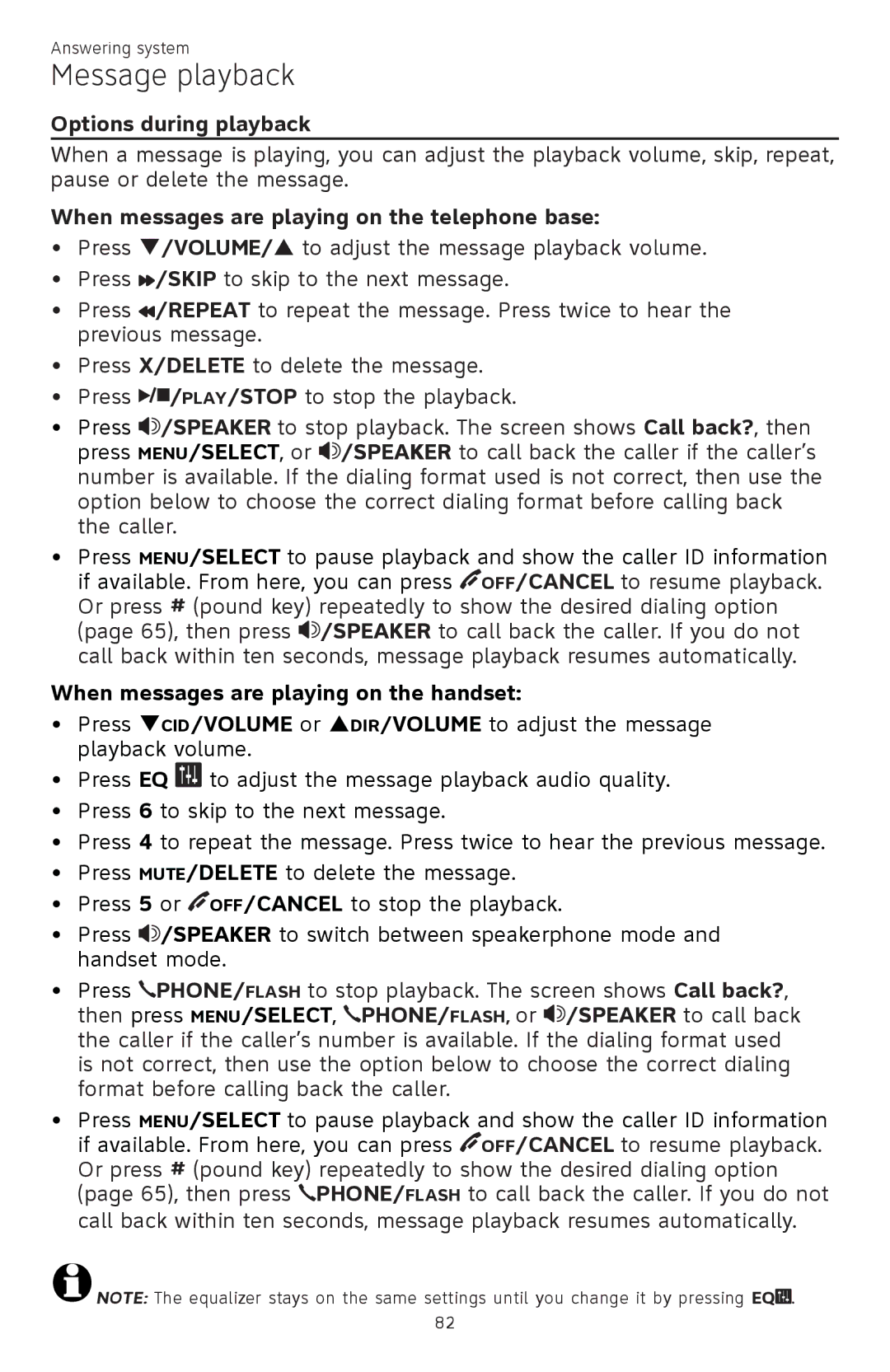 AT&T ATTCL83201 user manual Options during playback, When messages are playing on the telephone base 