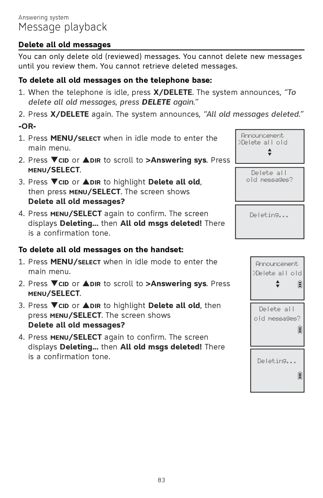 AT&T ATTCL83201 user manual To delete all old messages on the telephone base, Delete all old messages? 