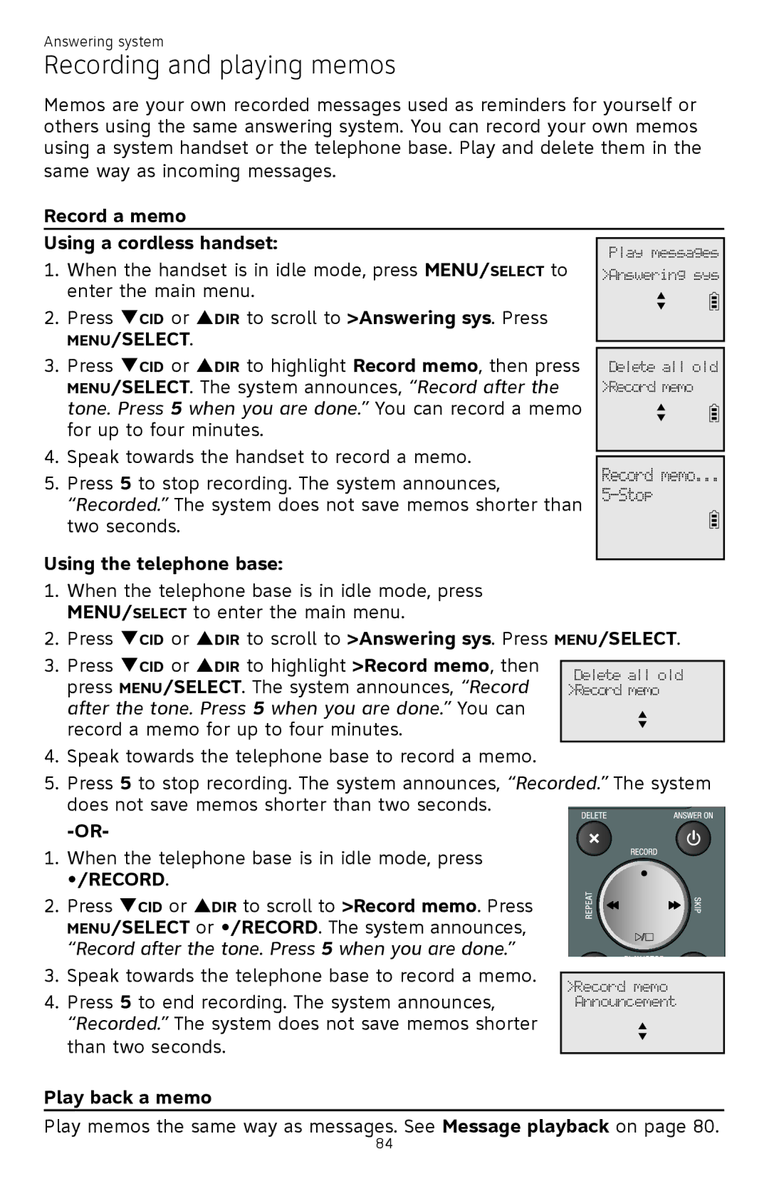 AT&T ATTCL83201 user manual Recording and playing memos, Record a memo Using a cordless handset, Play back a memo 