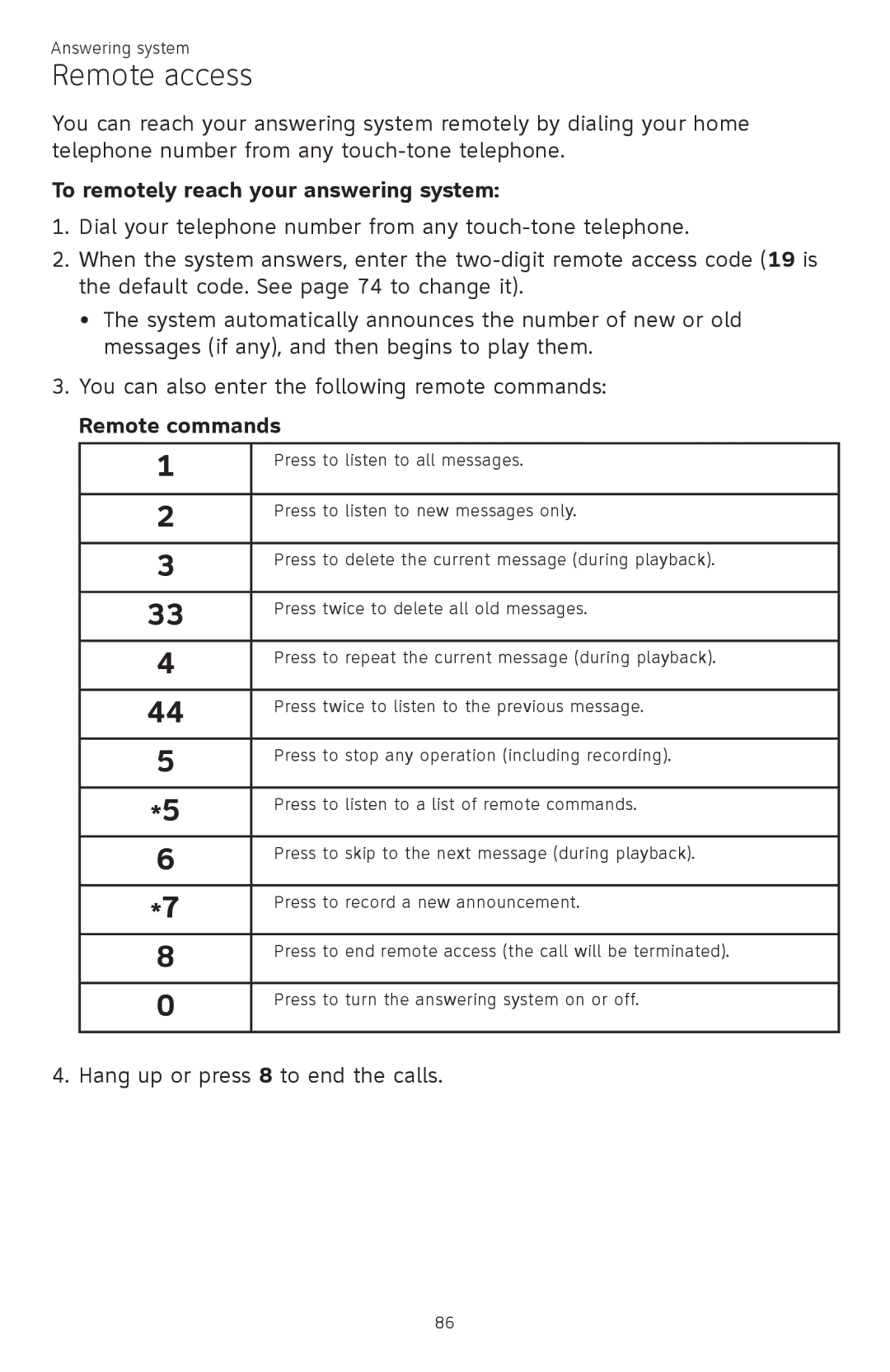 AT&T ATTCL83201 user manual Remote access, To remotely reach your answering system, Remote commands 