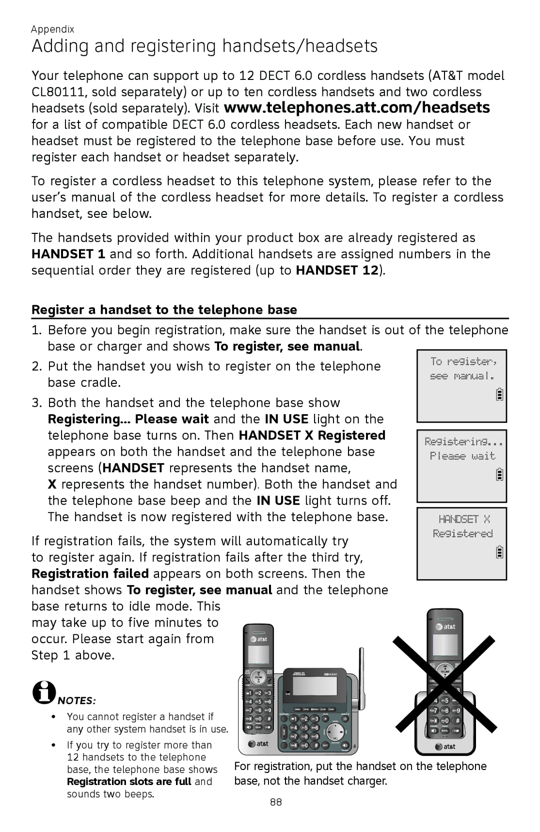 AT&T ATTCL83201 user manual Adding and registering handsets/headsets, Register a handset to the telephone base 