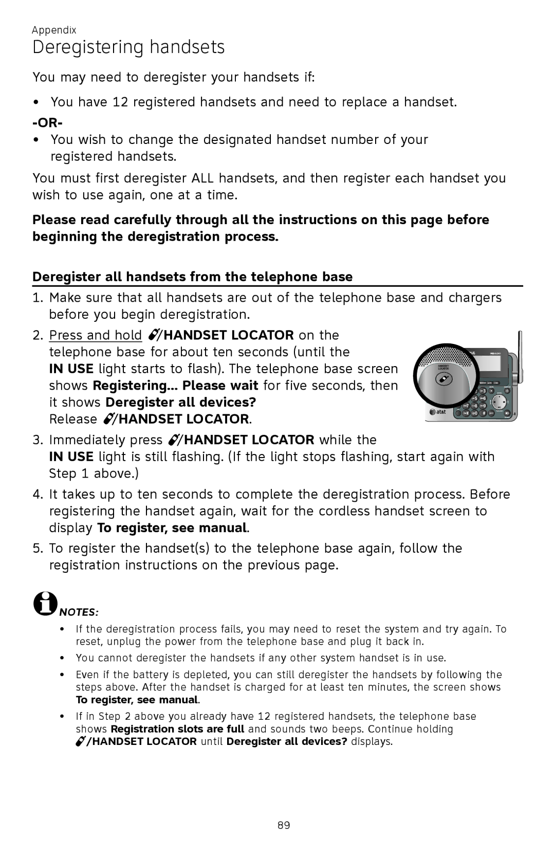 AT&T ATTCL83201 user manual Deregistering handsets, Press and hold /HANDSET Locator on, It shows Deregister all devices? 