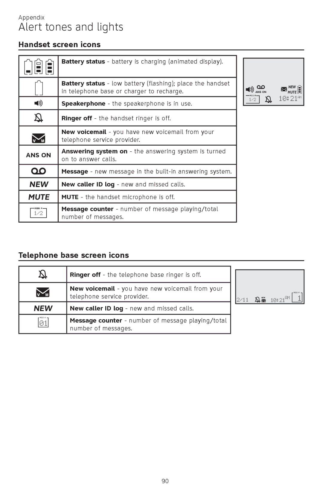 AT&T ATTCL83201 user manual Alert tones and lights, Handset screen icons, Telephone base screen icons 