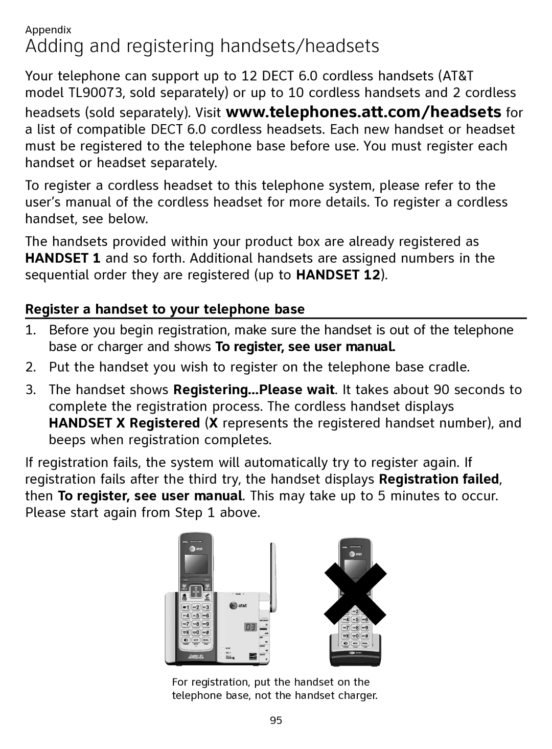 AT&T ATTTL92273 user manual Adding and registering handsets/headsets, Register a handset to your telephone base 