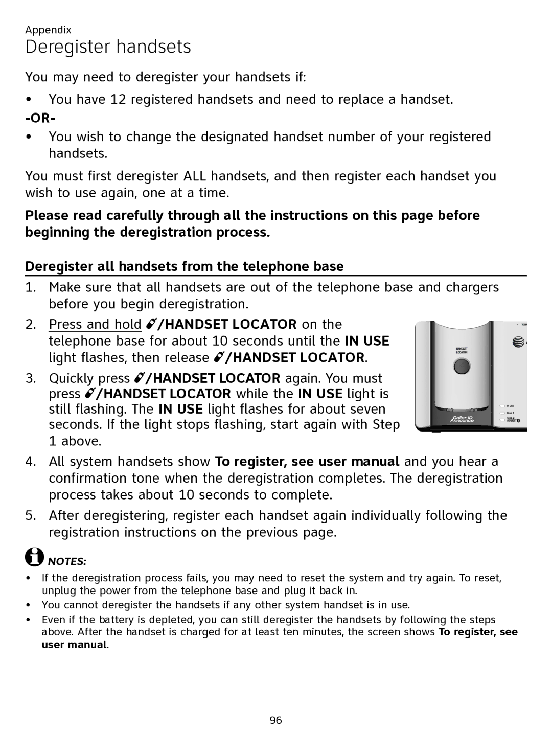 AT&T ATTTL92273 user manual Deregister handsets, Press and hold /HANDSET Locator on 