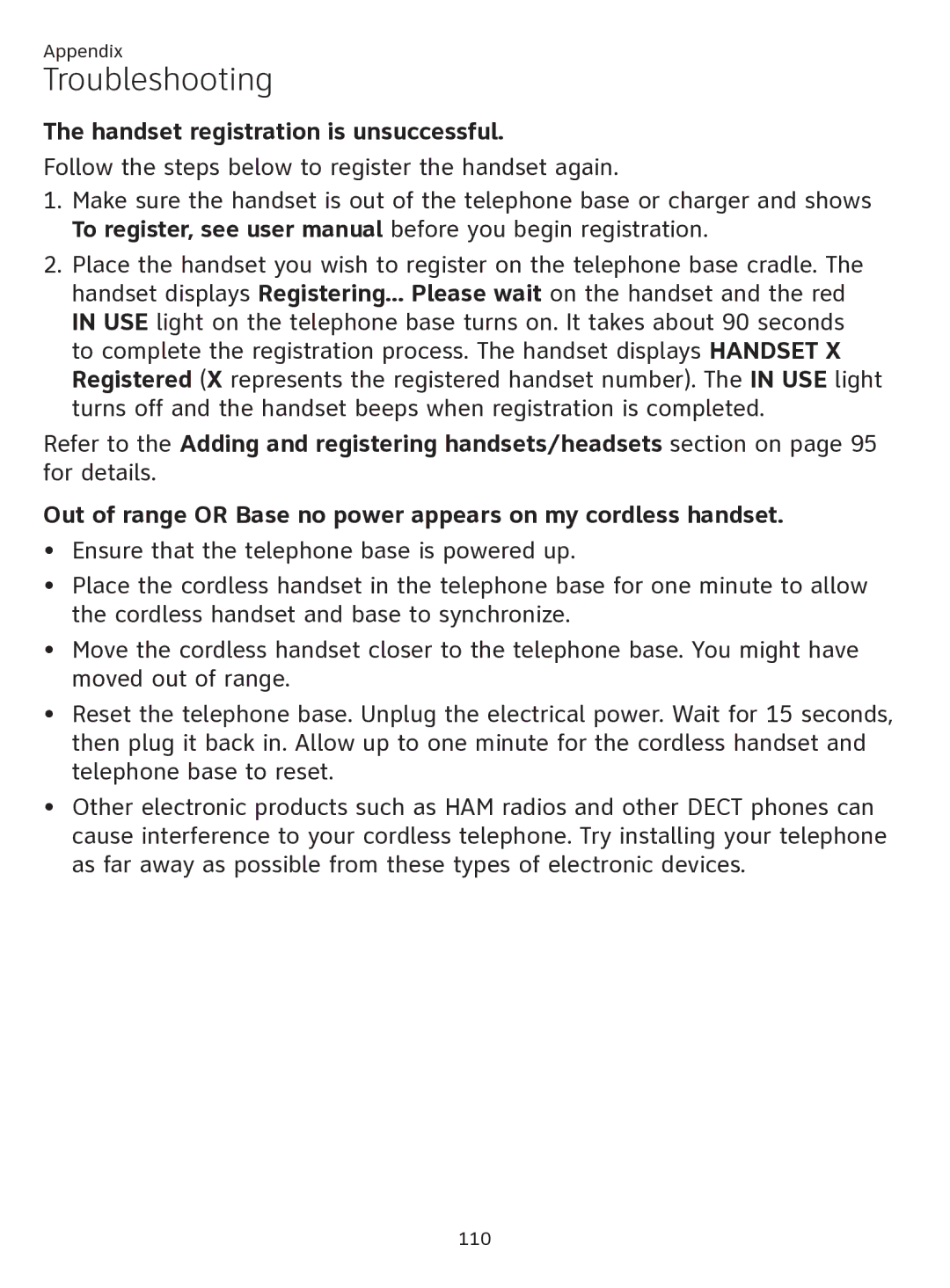 AT&T ATTTL92273 user manual Handset registration is unsuccessful 