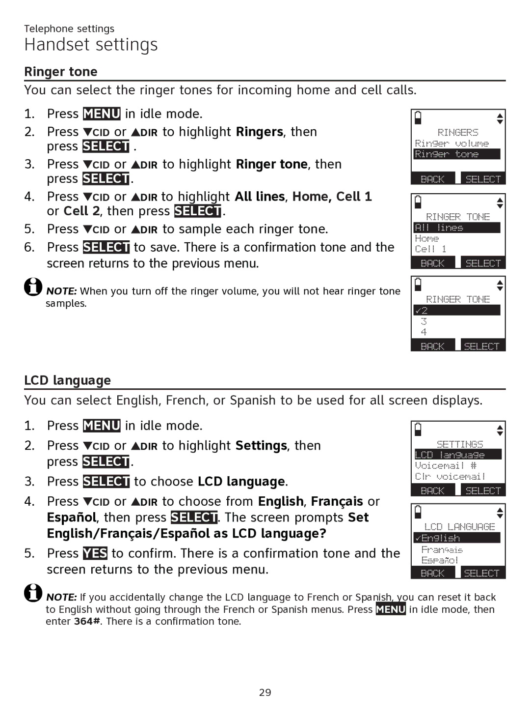 AT&T ATTTL92273 user manual Ringer tone, DIR to highlight All lines, Home, Cell, LCD language 