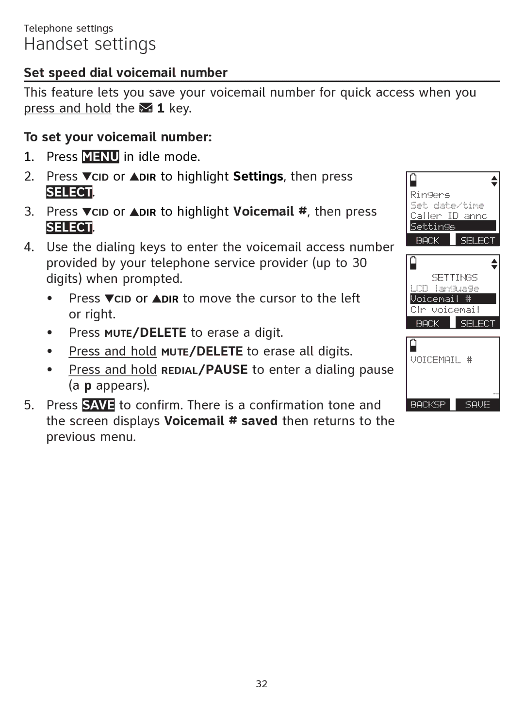 AT&T ATTTL92273 Set speed dial voicemail number, To set your voicemail number, DIR to highlight Settings, then press 