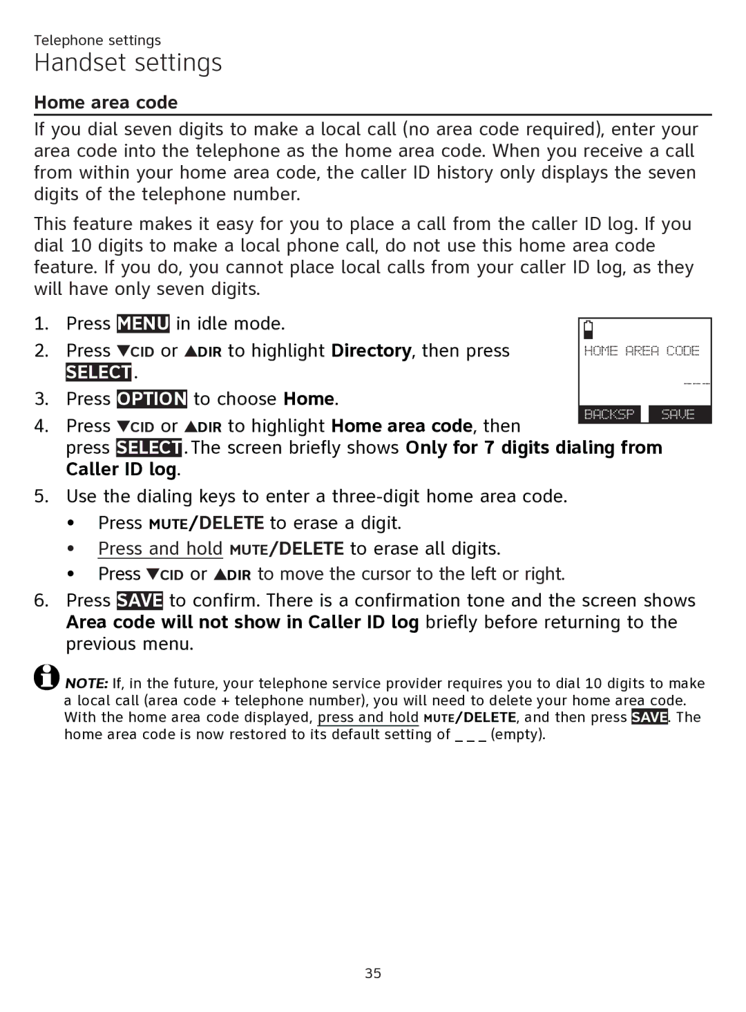 AT&T ATTTL92273 user manual Home area code, DIR to highlight Directory, then press, Press To choose Home 