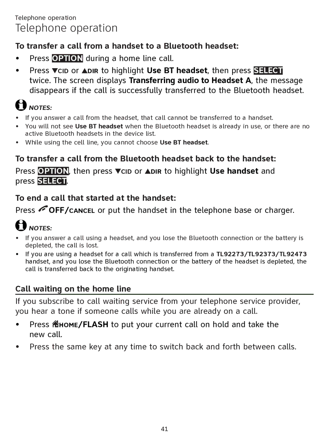 AT&T ATTTL92273 To transfer a call from a handset to a Bluetooth headset, To end a call that started at the handset 