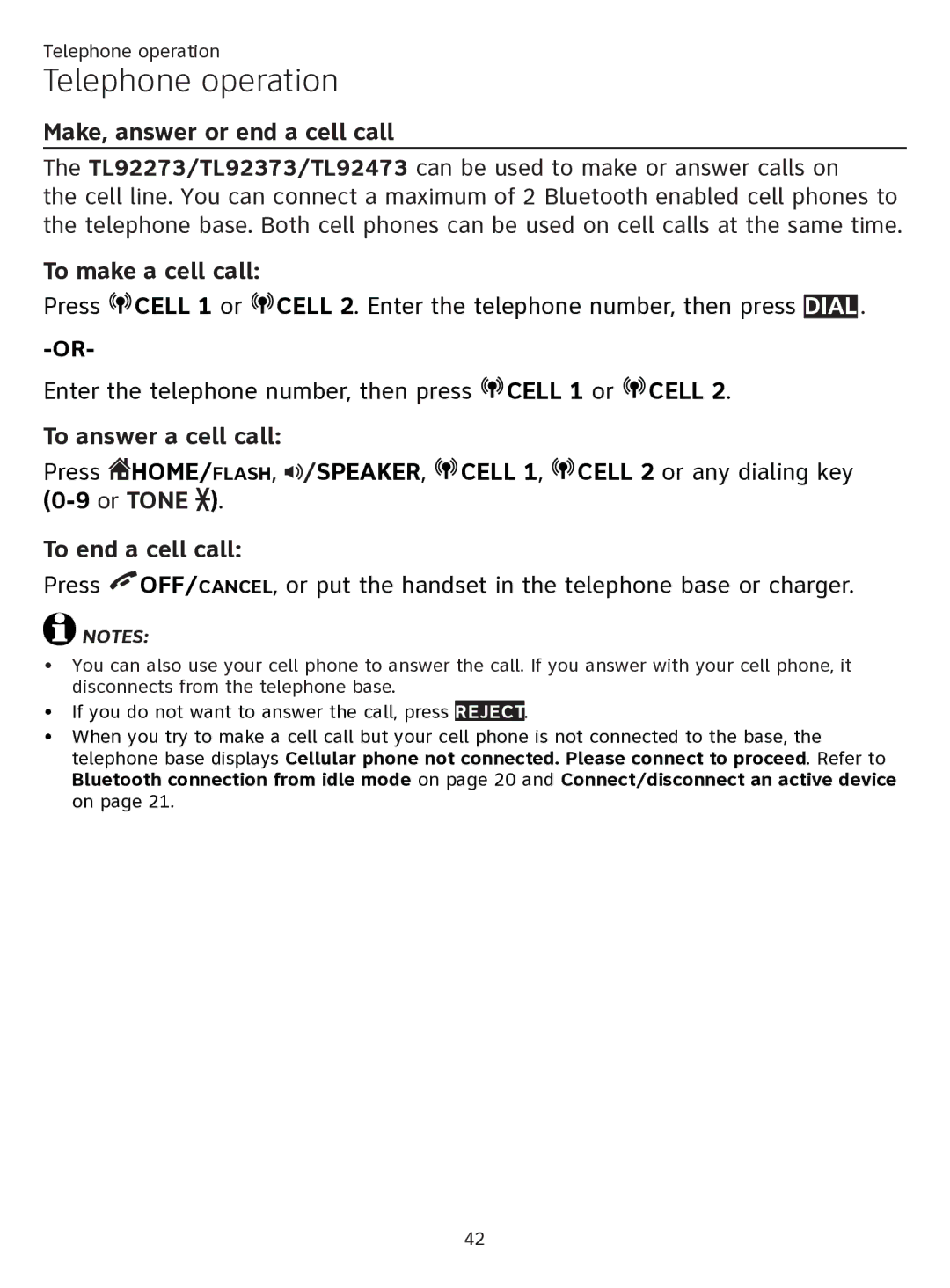 AT&T ATTTL92273 user manual Make, answer or end a cell call, To make a cell call 