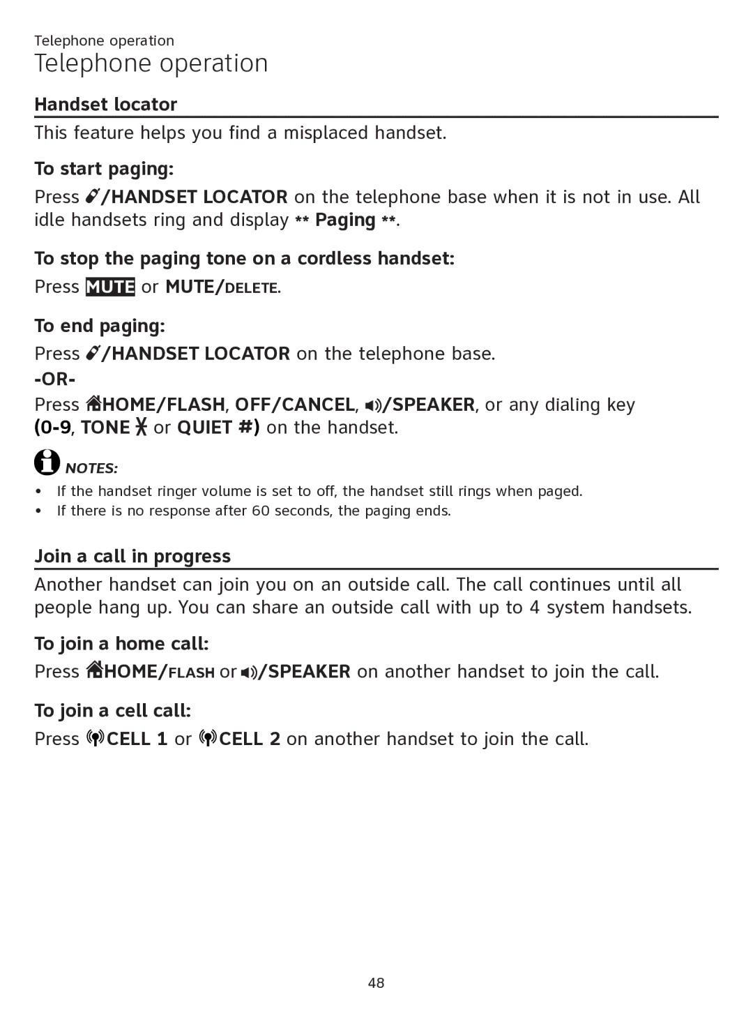 AT&T ATTTL92273 user manual Handset locator, To start paging, To stop the paging tone on a cordless handset, To end paging 