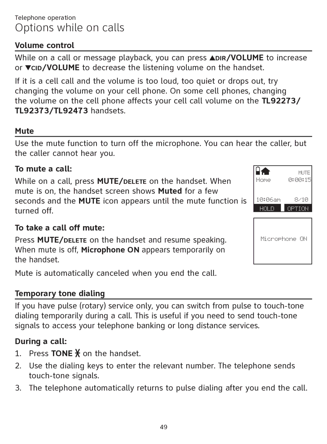 AT&T ATTTL92273 user manual Options while on calls 