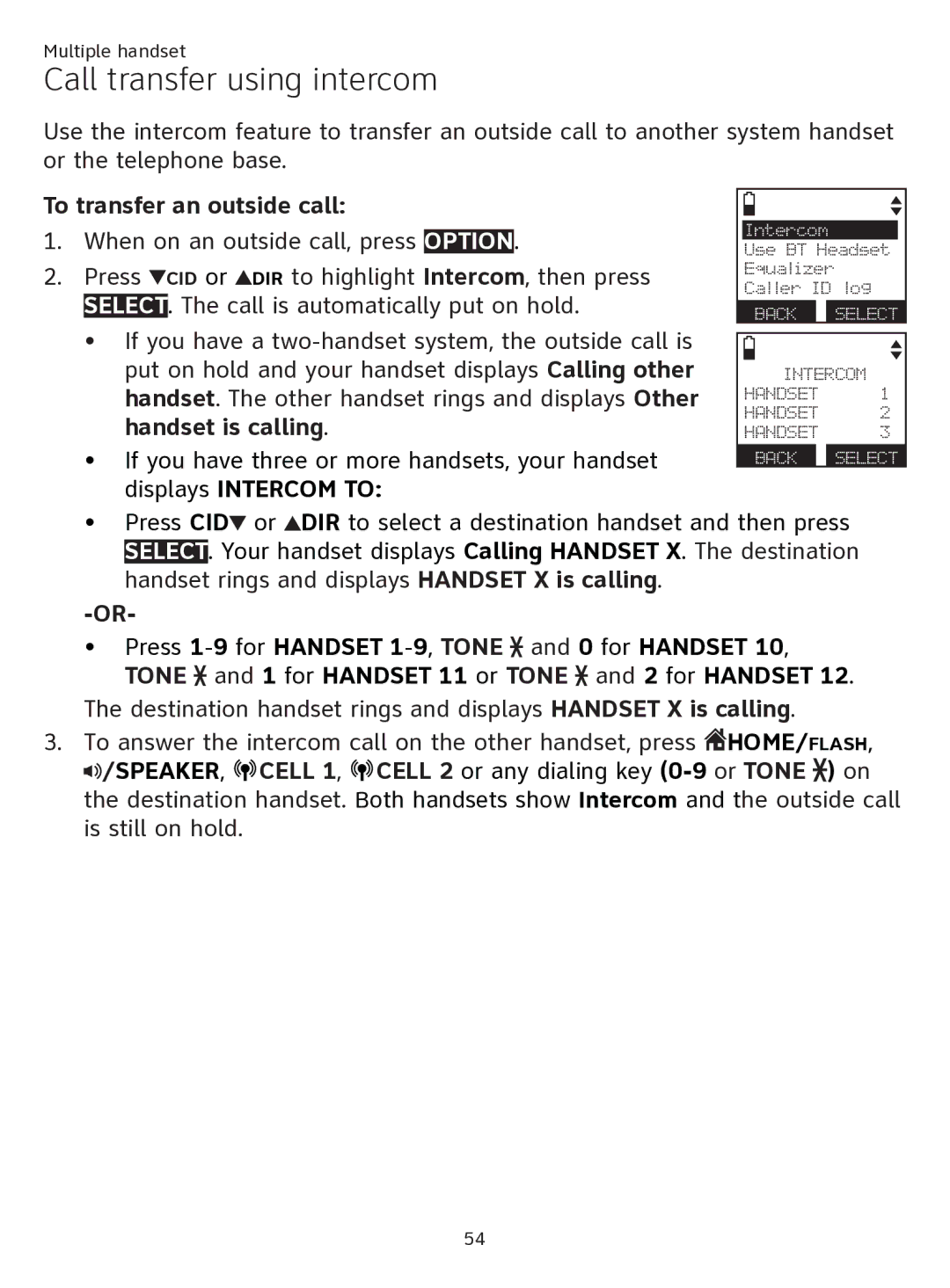 AT&T ATTTL92273 Call transfer using intercom, To transfer an outside call, Handset is calling, Displays Intercom to 