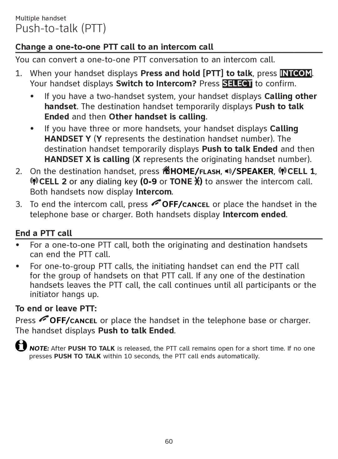 AT&T ATTTL92273 user manual Change a one-to-one PTT call to an intercom call, End a PTT call, To end or leave PTT 