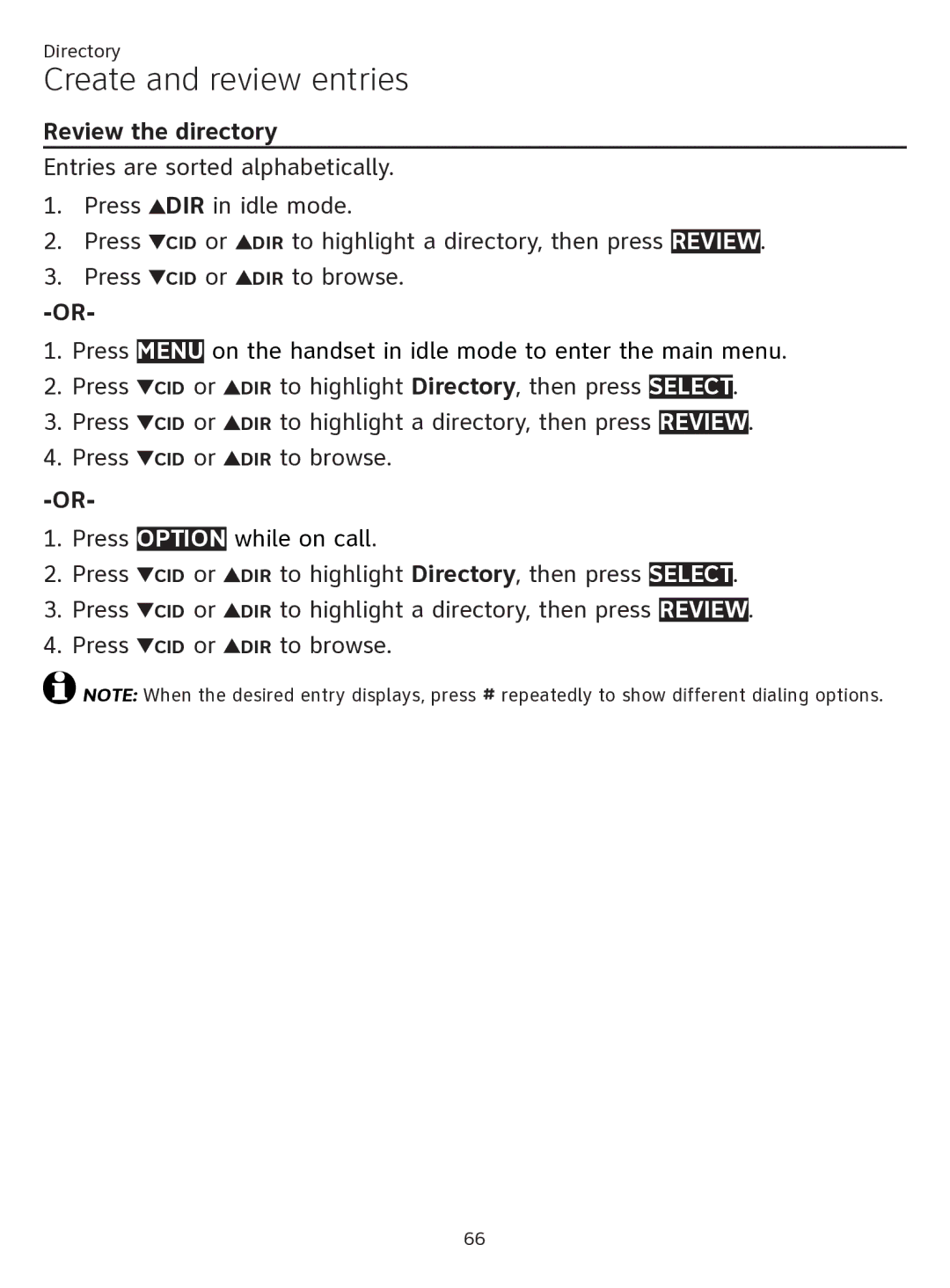 AT&T ATTTL92273 user manual Review the directory, Press CID or DIR to browse, DIR to highlight a directory, then press 