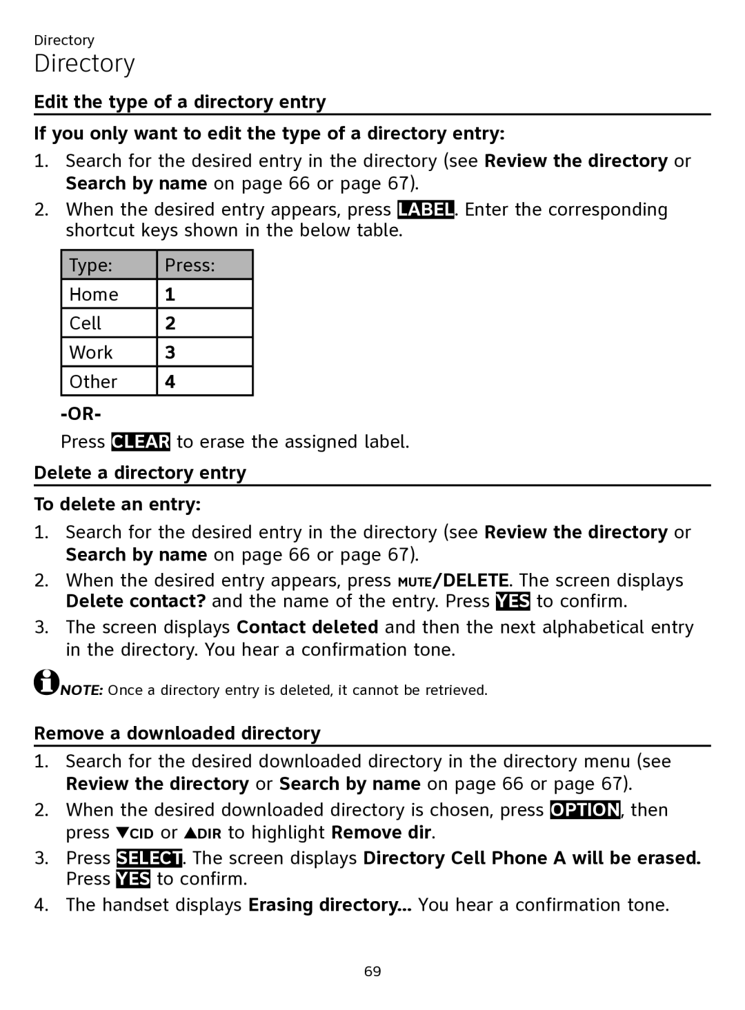 AT&T ATTTL92273 user manual Delete a directory entry To delete an entry, Remove a downloaded directory 