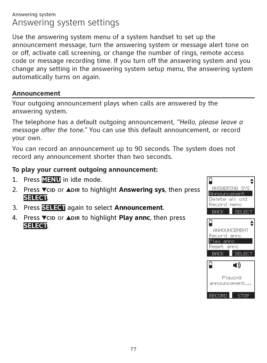 AT&T ATTTL92273 user manual Answering system settings, Announcement, To play your current outgoing announcement 