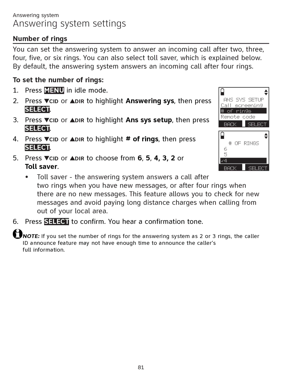 AT&T ATTTL92273 Number of rings, To set the number of rings, DIR to highlight # of rings, then press, Toll saver 