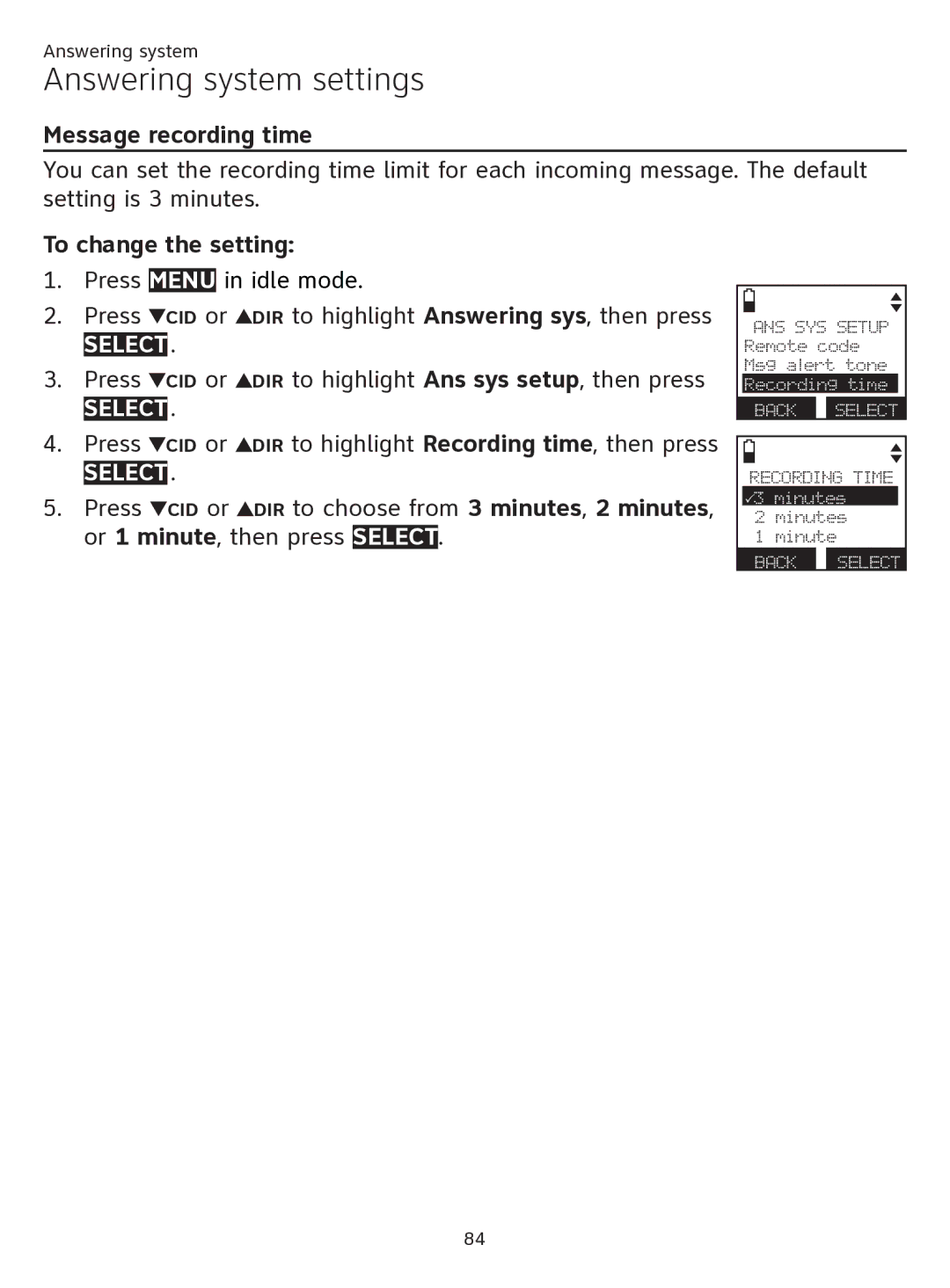 AT&T ATTTL92273 user manual Message recording time, DIR to highlight Recording time, then press, Or 1 minute, then press 