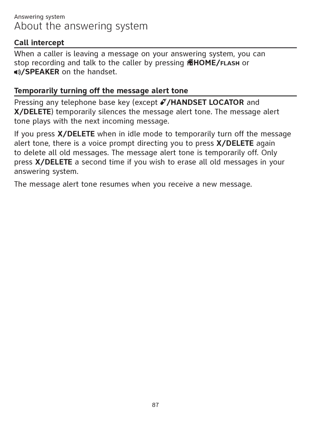 AT&T ATTTL92273 user manual Call intercept, Temporarily turning off the message alert tone 