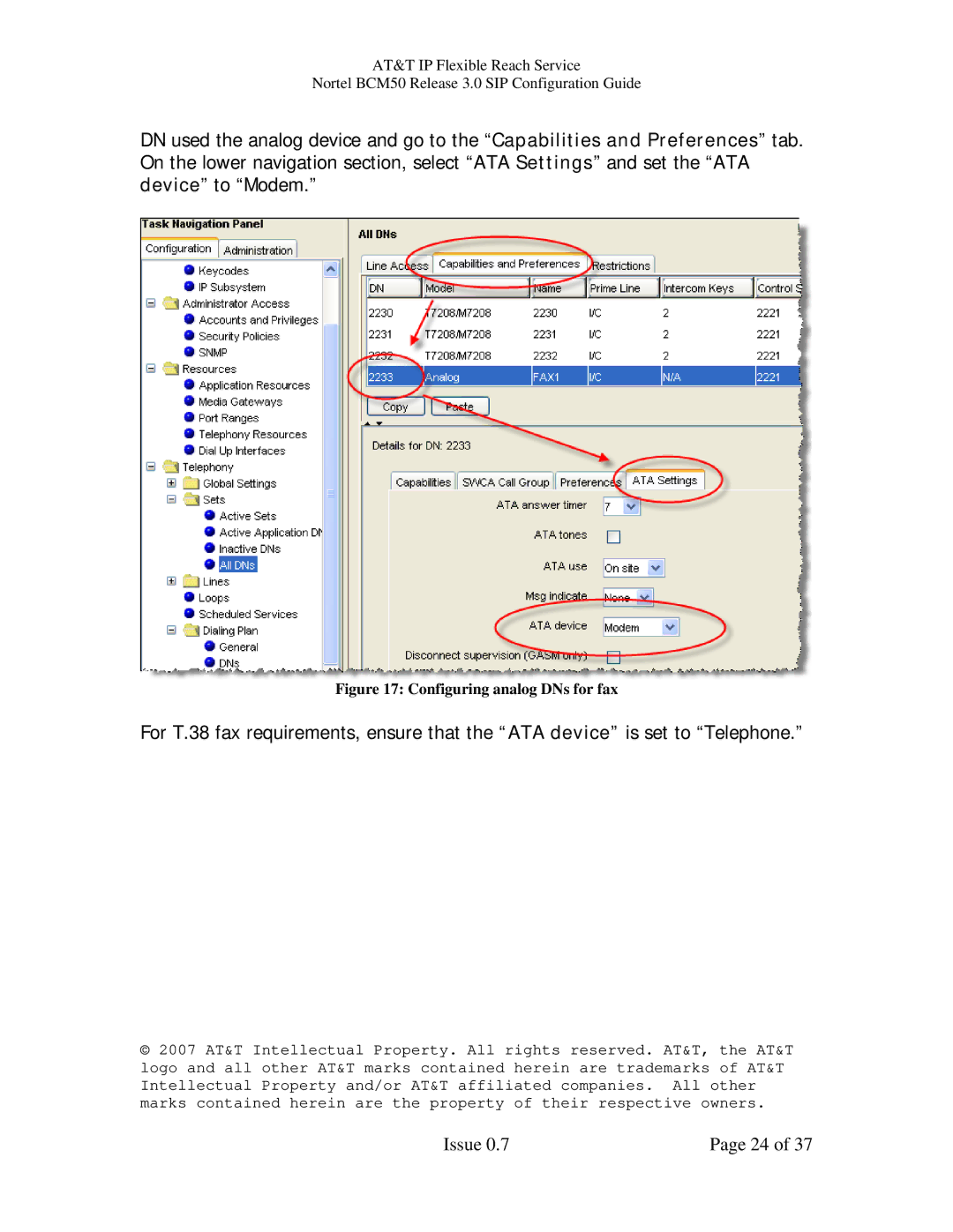 AT&T BCM50 manual Configuring analog DNs for fax 