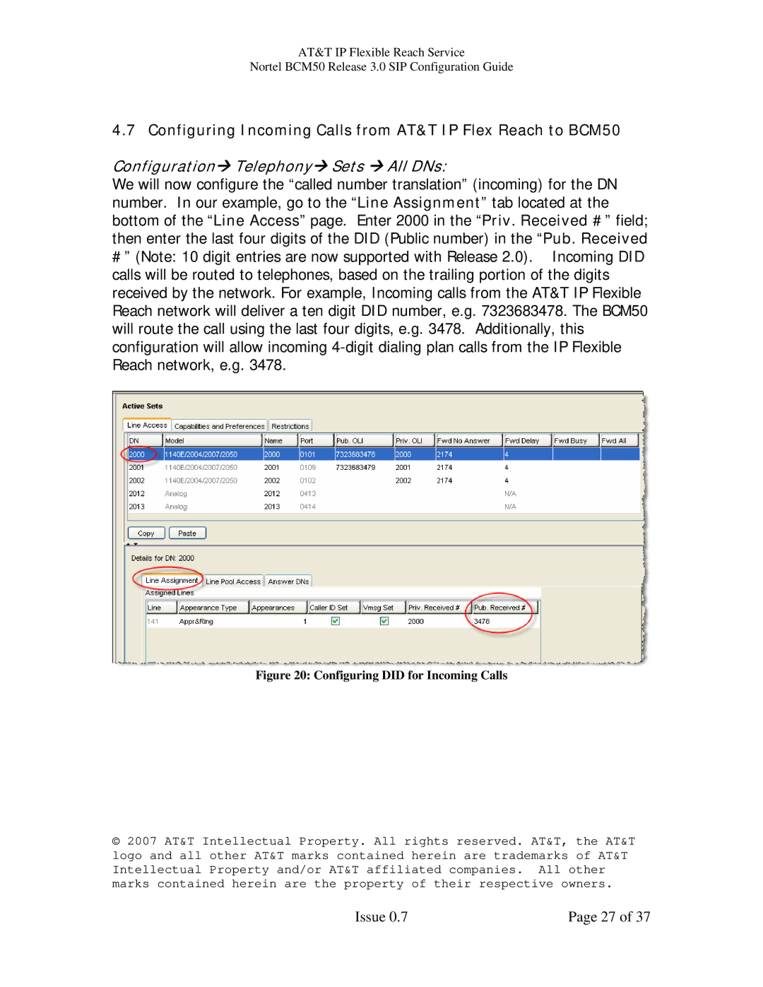 AT&T manual Configuring Incoming Calls from AT&T IP Flex Reach to BCM50, Configuring did for Incoming Calls 