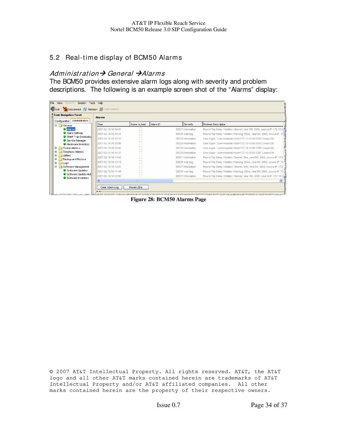 AT&T manual Real-time display of BCM50 Alarms, AdministrationÆ General ÆAlarms 