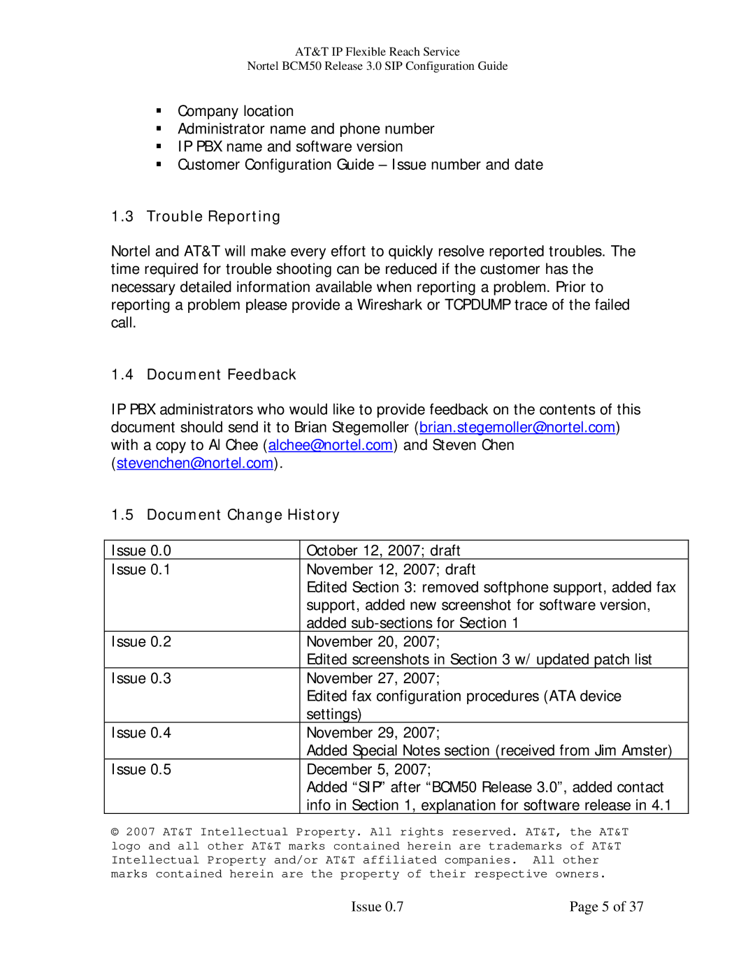 AT&T BCM50 manual Trouble Reporting, Document Feedback Document Change History 