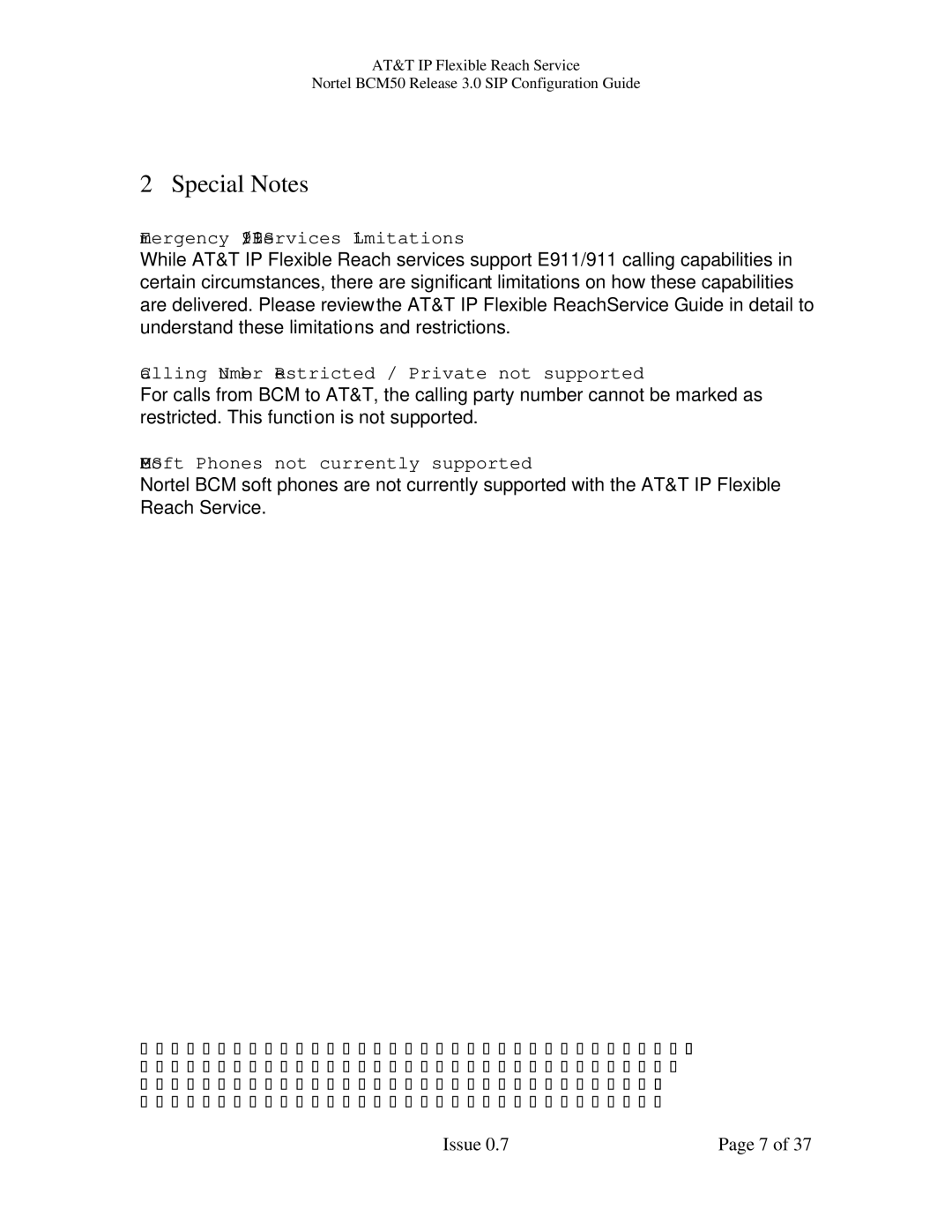 AT&T BCM50 manual Special Notes, Emergency 911/E911 Services Limitations, Calling Number Restricted / Private not supported 