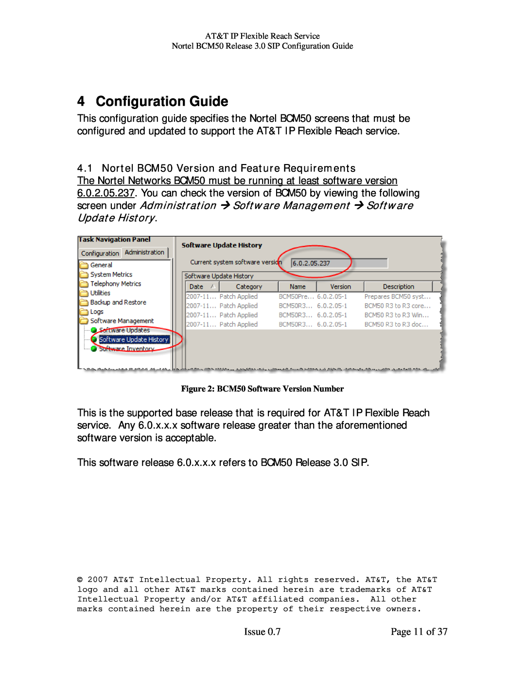 AT&T manual Configuration Guide, Nortel BCM50 Version and Feature Requirements, Update History 