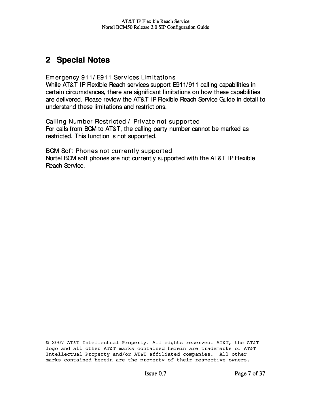 AT&T BCM50 manual Special Notes, Emergency 911/E911 Services Limitations, Calling Number Restricted / Private not supported 