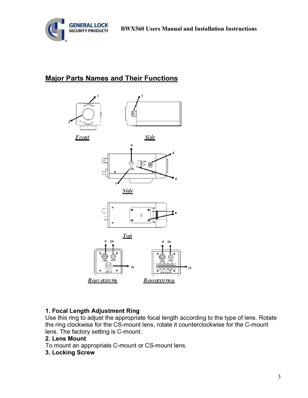 AT&T BWX560 user manual Major Parts Names and Their Functions, Focal Length Adjustment Ring, Lens Mount, Locking Screw 