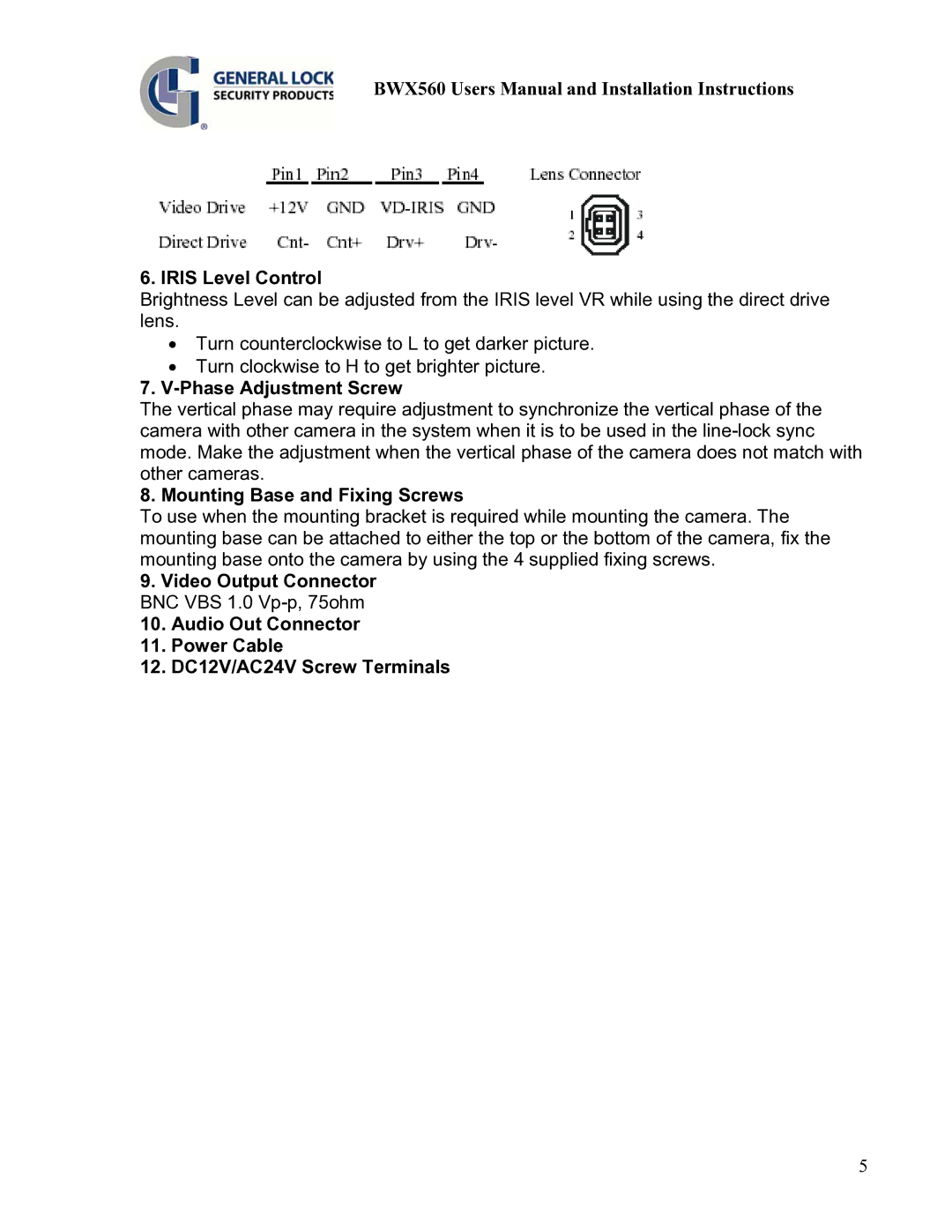 AT&T BWX560 user manual Iris Level Control, Phase Adjustment Screw, Mounting Base and Fixing Screws 