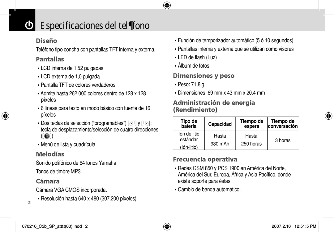 AT&T C3B manual Especificaciones del teléfono 