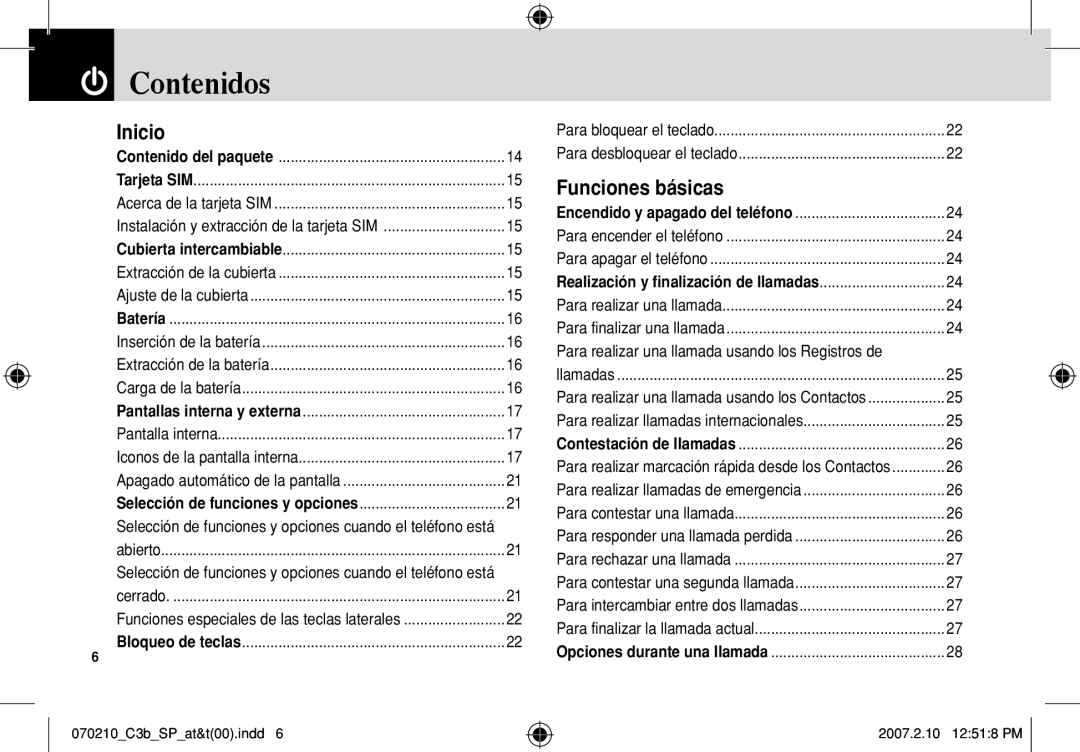 AT&T C3B manual Contenidos, Inicio 