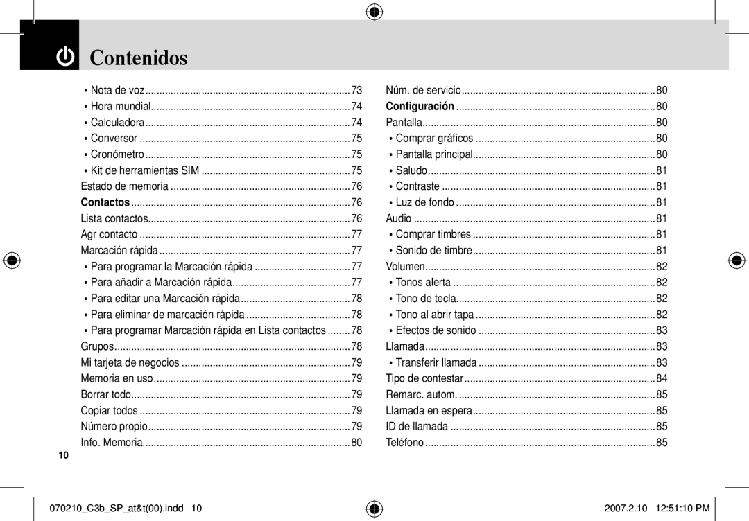 AT&T C3B manual Contenidos 