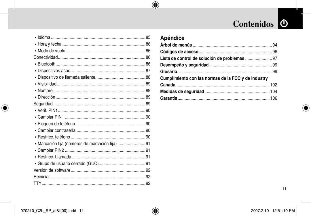 AT&T C3B manual Contenidos 