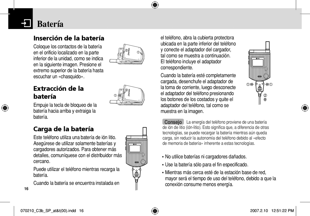 AT&T C3B manual Batería, Inserción de la batería, Extracción de la batería, Carga de la batería 